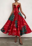 Autumn Elegant Christmas Tree Print Red Sweetheart Straps Skater Dress
