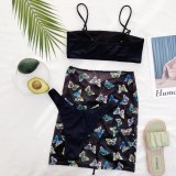 Summer Black Straps Two Piece Swimsuit and Butteryfly Print Skirt Set