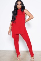 Autumn Caual Red High Neck Sleeveless Top and Slim Ruched Pants Set