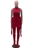 Autumn Caual Red High Neck Sleeveless Top and Slim Ruched Pants Set