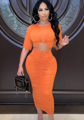 Summer Sexy Orange Half Sleeve Front Cutout Ruched Long Dress