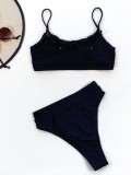 Summer Black Ruched Straps High Waist Two Piece Swimsuit
