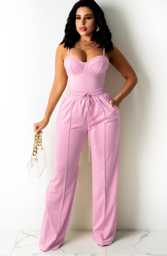 Summer Casual Pink Basic Strap Vest and Sweatpants Matching Set
