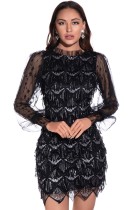 Autumn Elegant Black Sequins Tassels Long Sleeve Party Dress