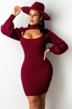 Fall Sexy Burgundy Keyhole High Neck Puff Sleeve Knitted Dress