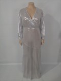 Autumn Plus Size Silver Shiny V-neck Puff Sleeve Evening Gown