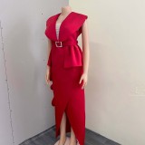 Summer Red Cloak Short Sleeve Split Ruffled Party Dress