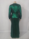 Autumn Plus Size Green Shiny V-neck Puff Sleeve Evening Gown