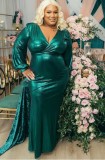 Autumn Plus Size Green Shiny V-neck Puff Sleeve Evening Gown