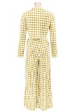 Fall Yellow Plaid Long Sleeve Top and Wide Pants Set