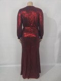 Autumn Plus Size Red Shiny V-neck Puff Sleeve Evening Gown