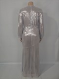 Autumn Plus Size Silver Shiny V-neck Puff Sleeve Evening Gown
