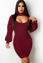 Vestido de malha estilo outono sexy burgundy buraco de fechadura gola alta e manga alta