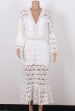 Fall Elegant White Slim Lace V-neck Long Dress