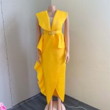 Summer Yellow Cloak Short Sleeve Split Ruffled Party Dress