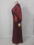 Autumn Plus Size Red Shiny V-neck Puff Sleeve Evening Gown