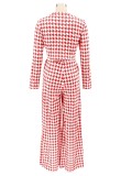 Fall Red Plaid Long Sleeve Top and Wide Pants Set