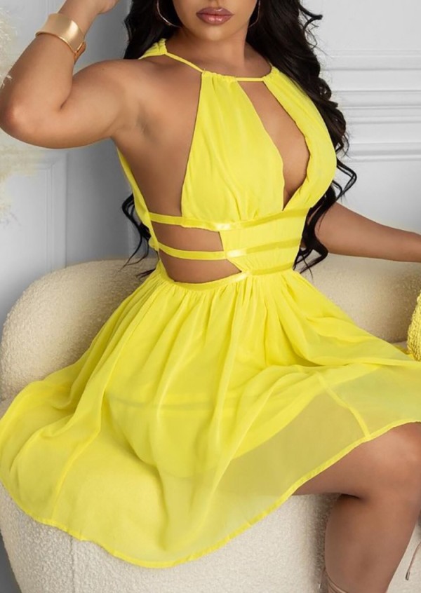 Summer Sexy Yellow Keyhole Sleeveless Party Dress