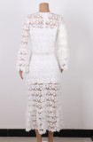 Fall Elegant White Slim Lace V-neck Long Dress