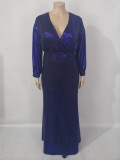 Autumn Plus Size Blue Shiny V-neck Puff Sleeve Evening Gown
