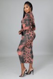 Autumn Sexy Red Snake Printed Zip Up Long Dress