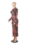 Autumn Sexy Red Snake Printed Zip Up Long Dress
