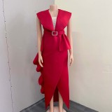 Summer Red Cloak Short Sleeve Split Ruffled Party Dress