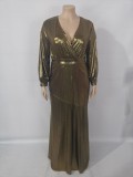 Autumn Plus Size Gold Shiny V-neck Puff Sleeve Evening Gown