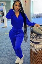 Fall Sports Blue Velvet Zip Drawstring Long Sleeve Jumpsuit