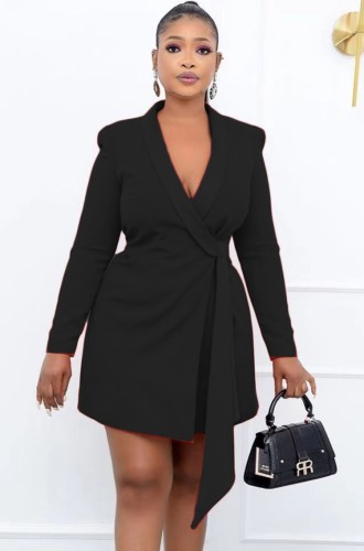 Fall Professional Black Long Sleeve Knotted Blazer Dress