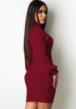 Fall Sexy Burgundy Keyhole High Neck Puff Sleeve Knitted Dress