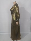 Autumn Plus Size Gold Shiny V-neck Puff Sleeve Evening Gown