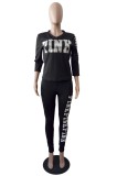 Autumn Casaul Black Letter Print Three-quarters sleeve Top and Pant Set