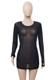 Autumn Sexy Black See throgh Long Sleeve with Thumb Hole Bodycon Dress