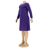 Autumn Casual Purple O-Neck Pocket Shirt Dress