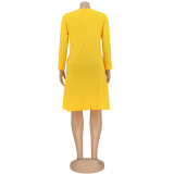 Autumn Casual Yellow O-Neck Pocket Shirt Dress