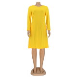Autumn Casual Yellow O-Neck Pocket Shirt Dress