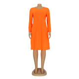 Autumn Casual Orange O-Neck Pocket Shirt Dress