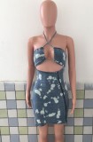 Summer Sexy Paint Print Hollow Out Zipper Denim Midi Dress