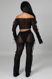 Autumn Sexy Black Hollow Out Bandage Off Shoulder Long Sleeve Crop Top and Pant Set