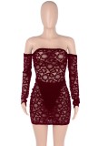 Autumn Sexy Red Lace Off Shoulder Long Sleeve inside with underpant Mini Dress