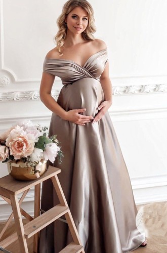 夏のカハキオフショルダーの妊娠中のイブニングドレス