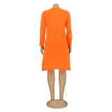 Vestido de camisa de bolsillo con cuello en O naranja informal de otoño