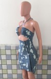 Summer Sexy Paint Print Hollow Out Zipper Denim Midi Dress