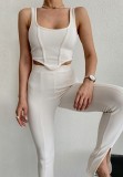 Summer Sexy White Tape Sleeveless Crop Top and Slit Pant Set