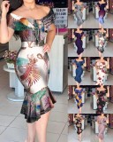 Summer Sexy Print Off Shoulder Ruffles Short Sleeve Mermaid Dress