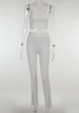 Summer Sexy White Tape Sleeveless Crop Top and Slit Pant Set
