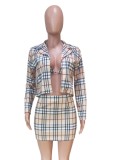 Autumn Casaul Check Design Long sleeve Turn down Collar Outer & Bra and Mini Dress Set