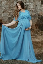 Summer Blue Short Sleeve Pregenant Evening Dress