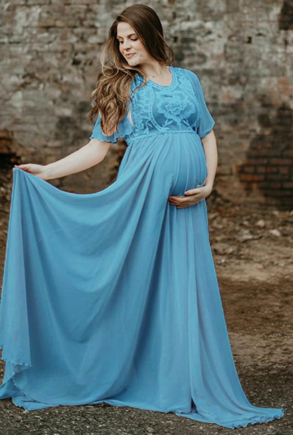 Summer Blue Short Sleeve Pregenant Evening Dress